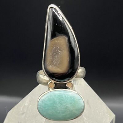 Bague argent 925 - pierre naturelle géode onyx noir et amazonite "Les racines du coeur"