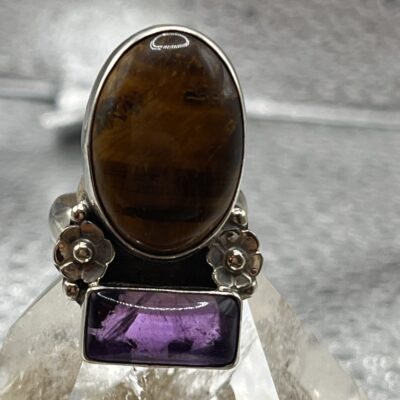 Bague artisanal en argent 925 - oeil de tigre et Améthyste - "Fuego y Cielo"